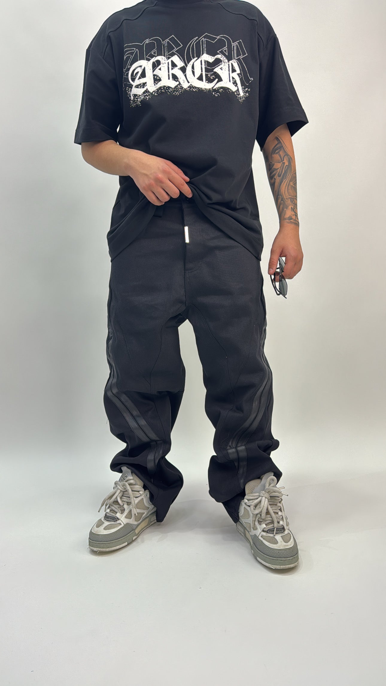 JEANS BAGGY STRIPES INSERTI IN PELLE CIANOTIC